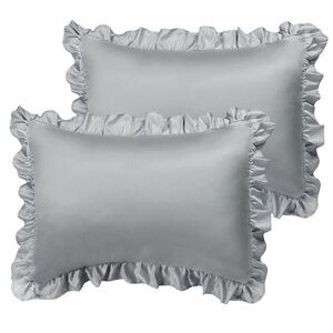 Satin Pillowcase Ruffled Pillow Shams Set of 2, Silver Standard(20"x26")